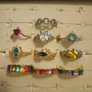 Ten Size 8 costume jewelry ring lot